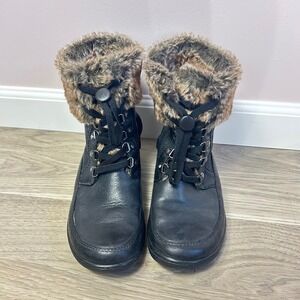 Clarks Womens Black Leather Faux Fur Trim Ankle Boots 9M 26113400 Winter Lace Up